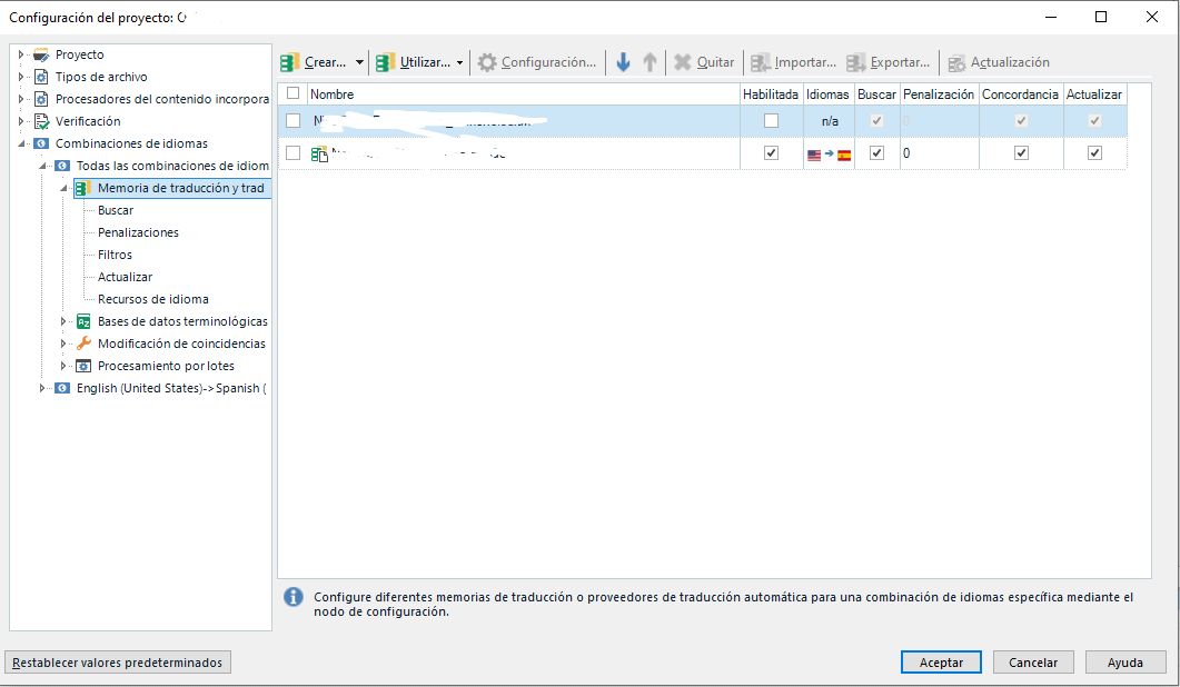 Screenshot of Trados Studio project settings showing the 'Translation Memory and Automated Translation' node selected with no translation memories or providers listed for the English (United States) to Spanish language pair.