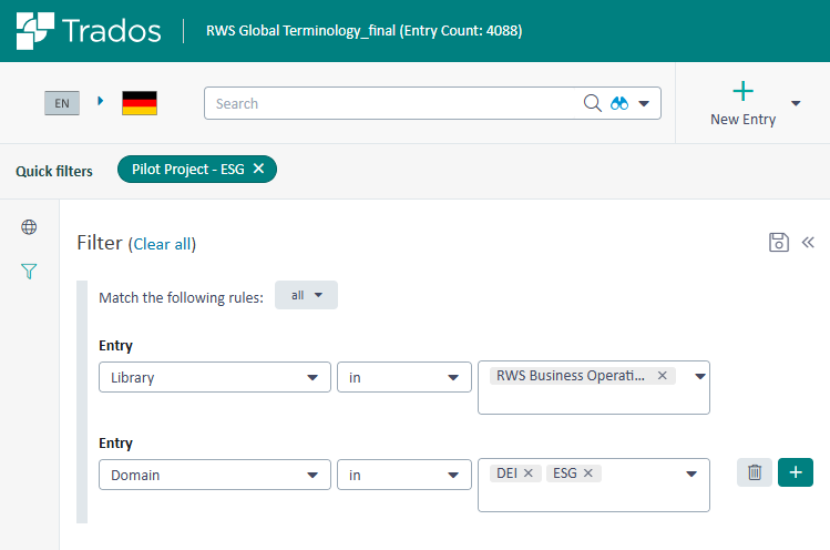 Screenshot of Trados Terminology database with a filter applied showing 'Pilot Project - ESG' selected and entries for 'Library' and 'Domain'.