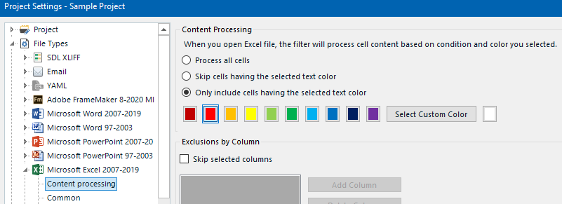 Trados Studio Project Settings showing content processing options with red text color selected for translation.