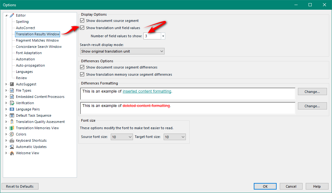 Trados Studio options menu with Translation Results Window settings highlighted, showing 'Show translation unit field values' checked and 'Number of field values to show' set to 3.