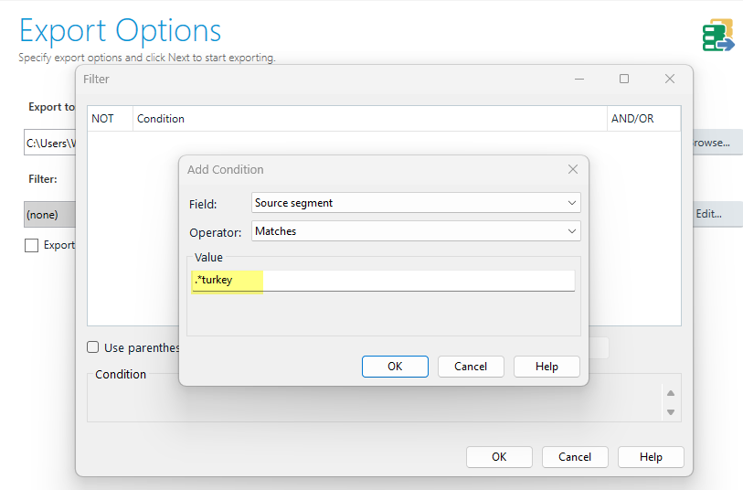 Screenshot of Trados Studio Export Options filter setup with a condition set to match the word 'turkey' in the source segment.