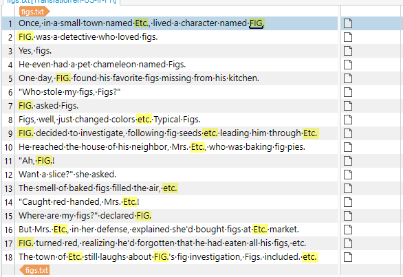 Screenshot showing the sample text open in Studio with a default TM and all the offending abbreviations highlighted.
