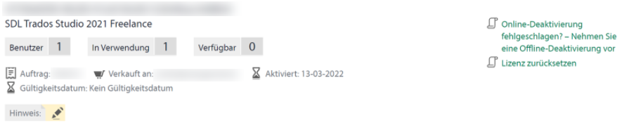 SDL Trados Studio 2021 Freelance license management screen showing 1 user, 1 in use, 0 available. Warning message: Online deactivation failed - perform an offline deactivation.