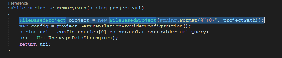 Screenshot of code snippet with a method named GetMemoryPath. It shows instantiation of FileBasedProject and retrieval of a URI from project configuration.