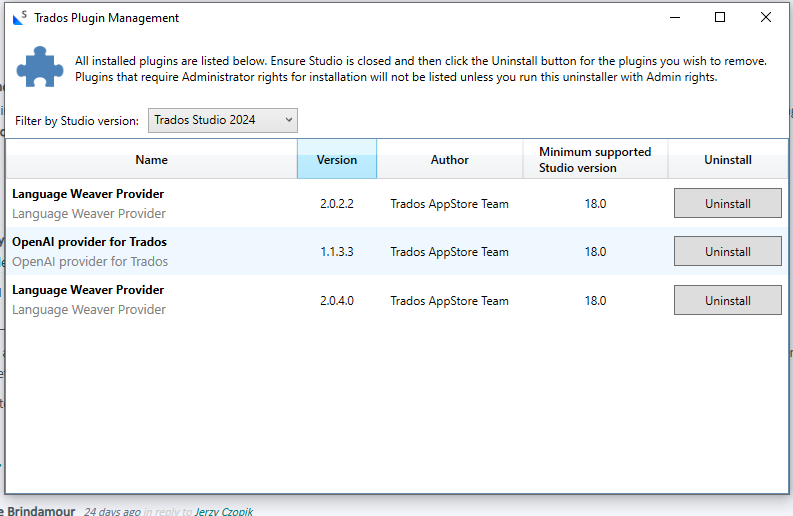 Screenshot of Trados Plugin Management window showing two versions of Language Weaver Provider and one version of OpenAI provider for Trados installed with options to uninstall.