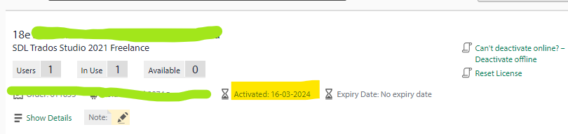 Trados Studio 2021 Freelance license activation screen showing 1 user, 1 in use, 0 available, activated on 16-03-2024, with no expiry date. Options to deactivate offline and reset license are visible.