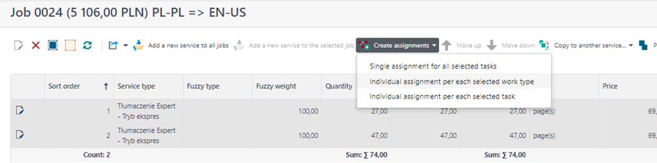 Job assignment interface in Trados Studio with options to create assignments, showing service type, fuzzy type, fuzzy weight, quantity, and price.