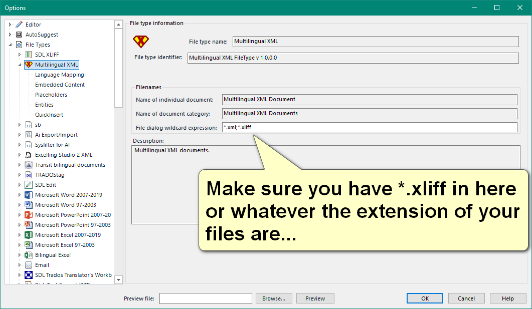 Trados Studio settings window showing Multilingual XML file type with a warning to make sure *.xliff is included in the file dialog wildcard expression.