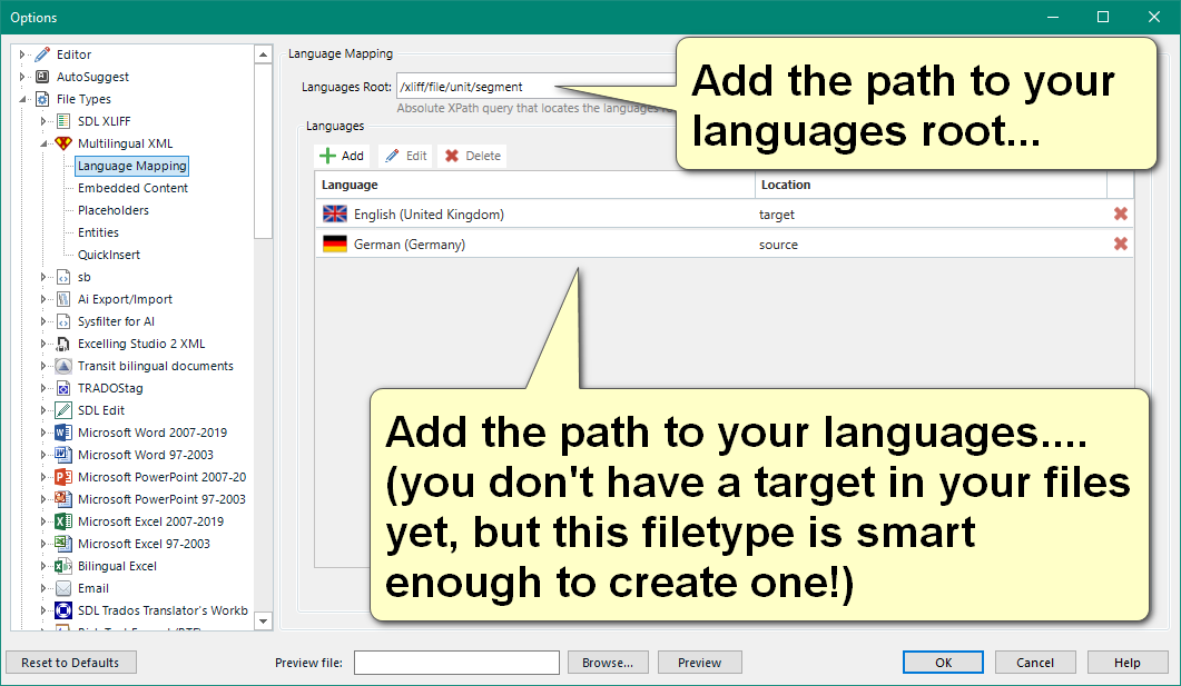 Trados Studio language mapping settings with a note to add the path to the languages root, indicating English (United Kingdom) as target and German (Germany) as source.