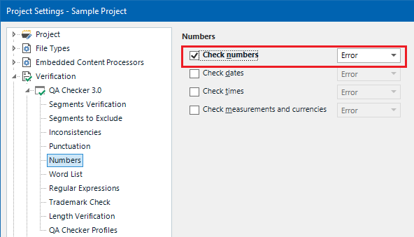 Project Settings with the check box Check numbers ticked