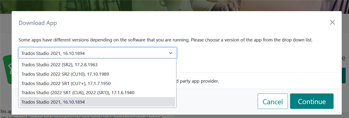 Screenshot of Trados Studio version selection dropdown menu with options for Trados Studio 2021 and 2022, but the specified version 2021 SR2 - 16.2.12.9338 is not listed.