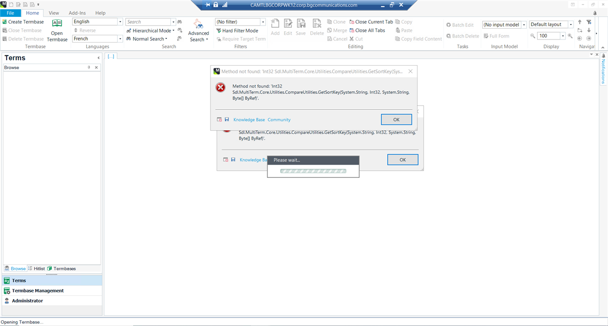 Error message in Trados Studio MultiTerm with details 'Method not found: Int32 Sdl.MultiTerm.Core.Utilities.CompareUtilities.GetSortKey' and a 'Knowledge Base Community' link.