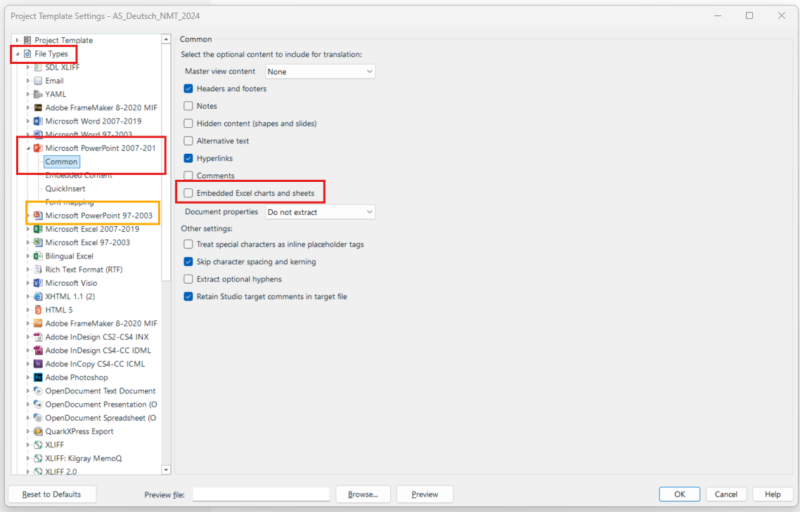 Project Template Settings window showing file types, with 'Microsoft PowerPoint 2007-2013' and 'Microsoft PowerPoint 97-2003' highlighted, and 'Embedded Excel charts and sheets' checkbox unticked.