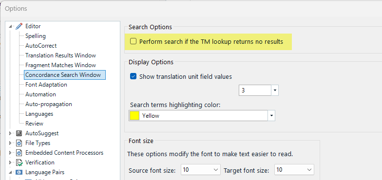 Screenshot of Trados Studio Options dialog showing Editor settings with 'Perform search if the TM lookup returns no results' checked under Search Options.