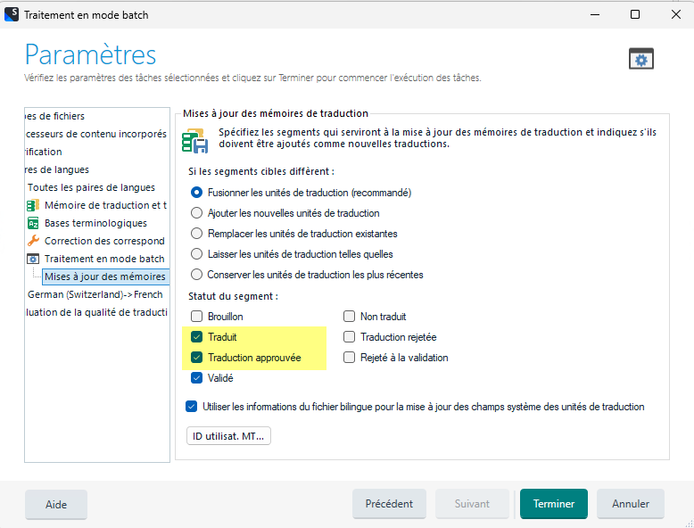 Screenshot of Trados Studio's Batch Processing settings with options for 'Update project translation memories'. Options for segment statuses such as 'Translated' and 'Translation Approved' are highlighted.