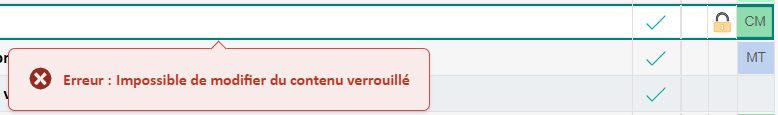 Error message in Trados Team Ideas stating 'Erreur: Impossible de modifier du contenu verrouille' indicating an error when trying to modify locked content.