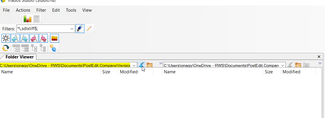 Screenshot of Folder Viewer with empty panels, indicating no files are present in the selected directories.