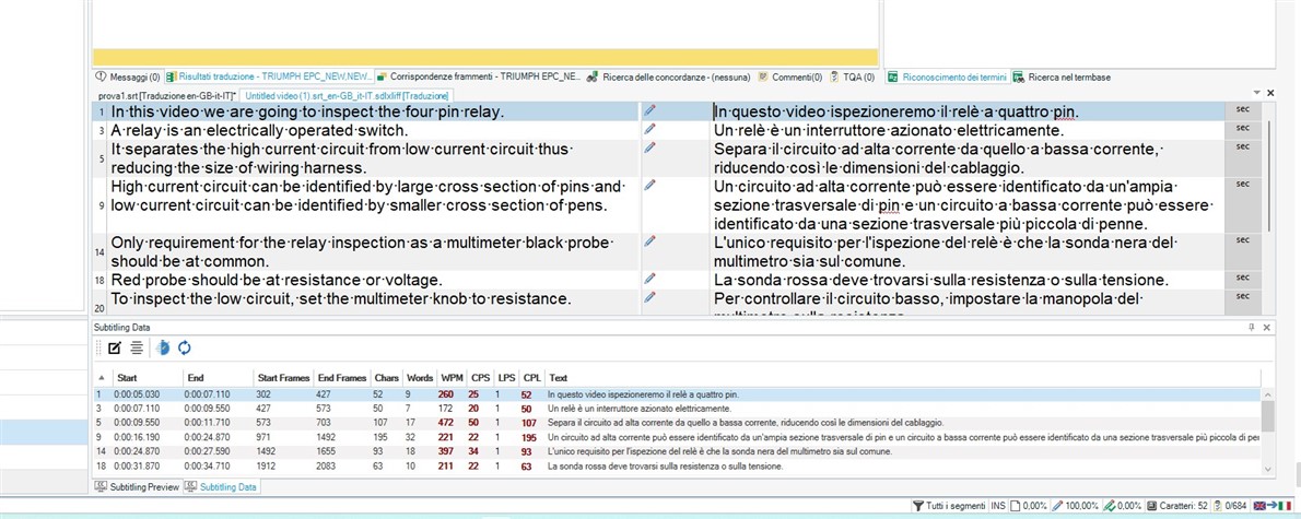 Screenshot of Trados Studio with subtitle segments translated into Italian. Highlighted text indicates active segment. No errors visible.