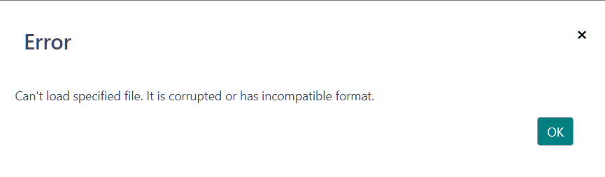 Error message in Trados Studio stating 'Can't load specified file. It is corrupted or has incompatible format.' with an OK button.