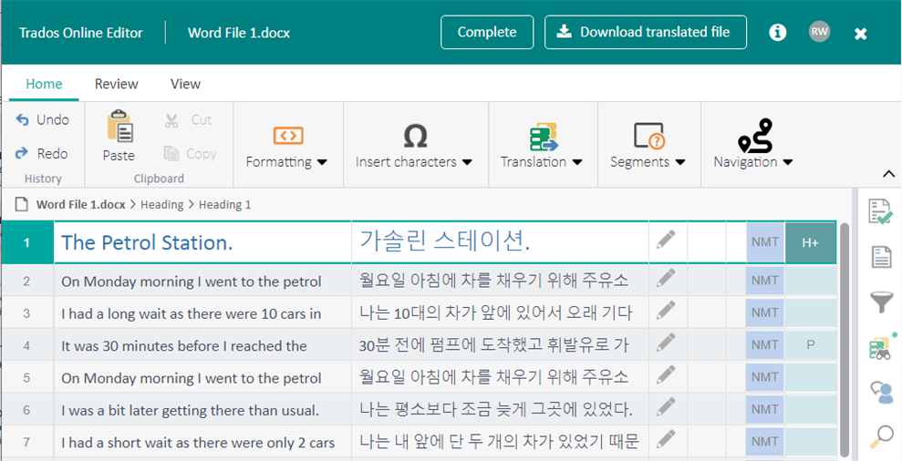 Trados Online Editor interface displaying a Word document with English text on the left and the corresponding Korean machine translation on the right, marked with 'NMT' for neural machine translation.