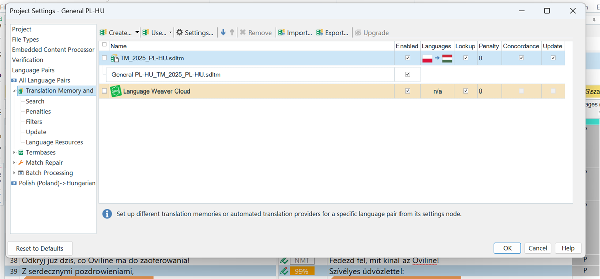 Screenshot of Trados Studio Project Settings showing Translation Memory and Automations with 'TM_2025_PL-HU.sdltm' added and enabled for Polish to Hungarian language pair.