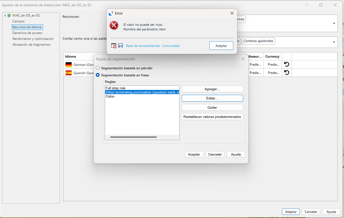 Screenshot of WorldServer's Translation Memory Settings with an error dialog box stating 'El valor no puede ser nulo. Nombre del parametro: item' which translates to 'The value cannot be null. Parameter name: item'.