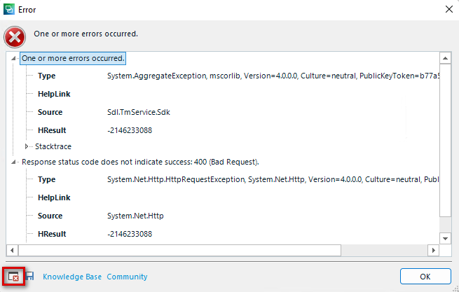 Error dialog box in Trados Studio showing 'One or more errors occurred' with details including 'System.AggregateException' and 'Response status code does not indicate success: 400 (Bad Request)'.