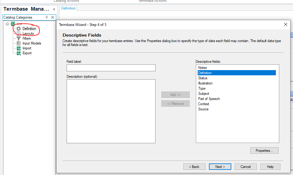 Screenshot of Trados Studio Termbase Manager showing the Termbase Wizard - Step 4 of 5 with options to create descriptive fields for termbase entries.