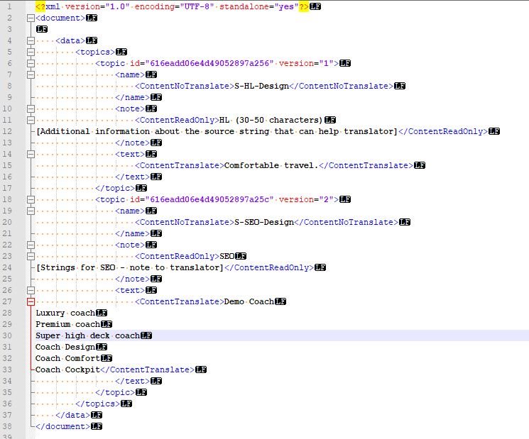 XML code with elements and attributes, including ContentTranslate and ContentReadOnly tags, indicating translatable text and notes for translators.