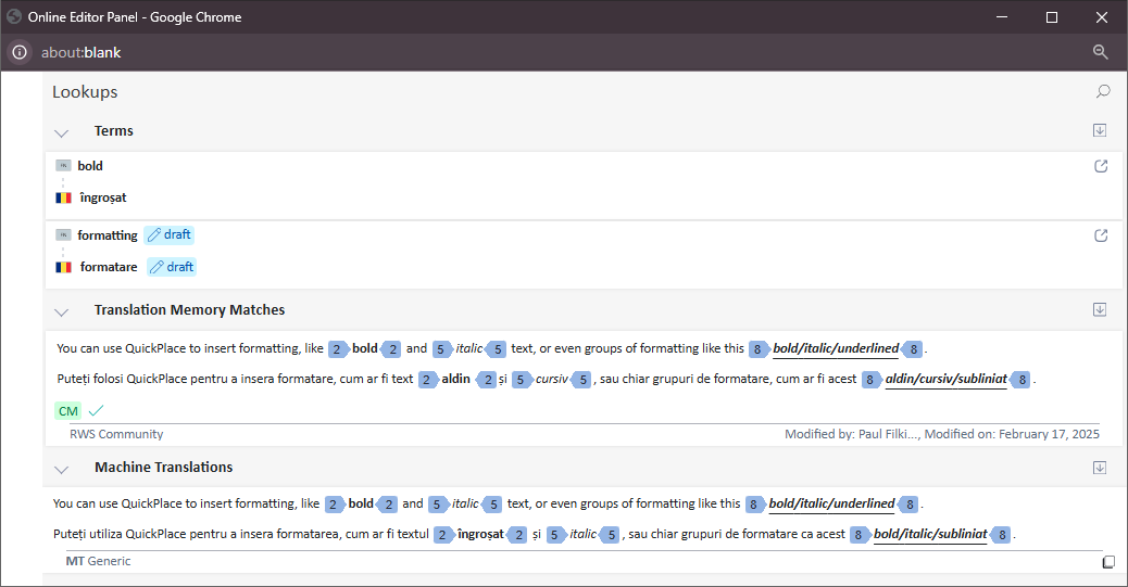 Screenshot of Trados Studio Online Editor Panel in Google Chrome showing Lookups, Translation Memory Matches, and Machine Translations sections with formatting examples and a note at the bottom indicating 'Modified by: Paul Flik...', Modified on: February 17, 2025.