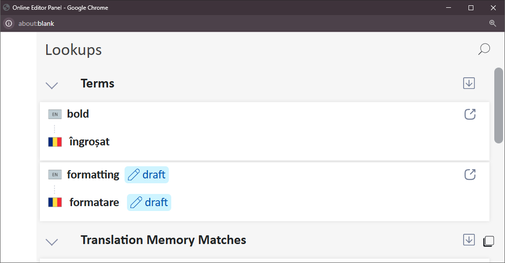 Screenshot of Trados Studio Ideas Online Editor Panel in Google Chrome showing Lookups section with terms 'bold' translated to 'ingrosat' and 'formatting' to 'formatare', both marked as draft.