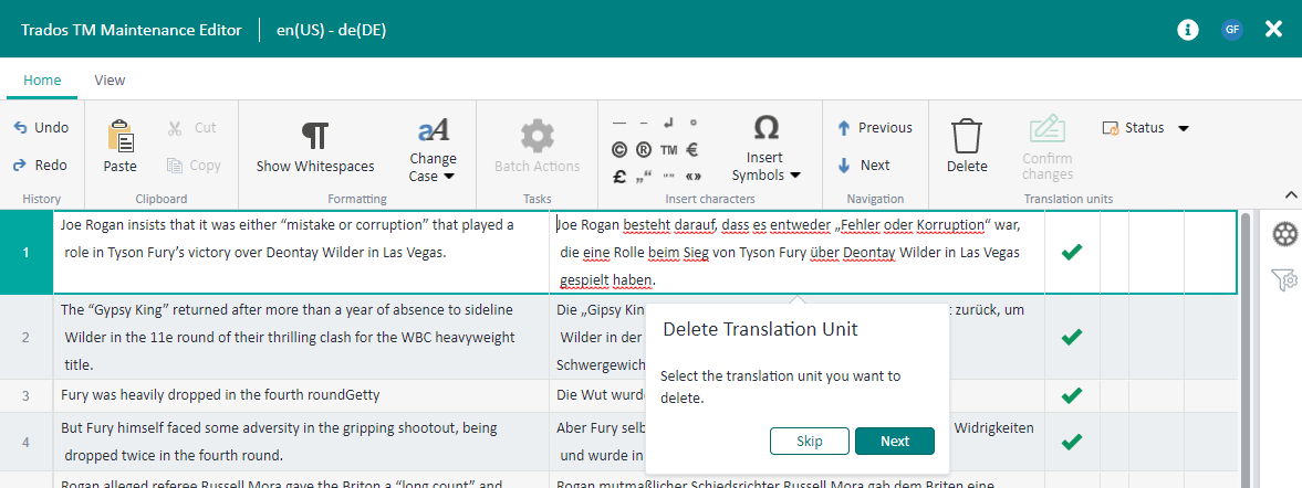 Trados TM Maintenance Editor for 'en(US) - de(DE)' displaying a side-by-side comparison of source and target texts with green checkmarks indicating no errors in the translation units.
