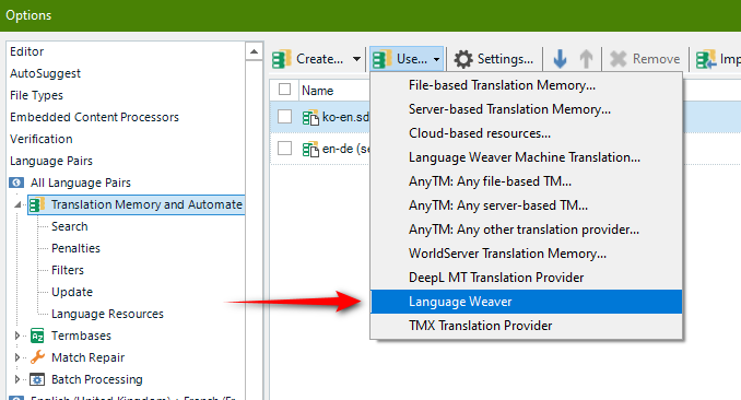 Screenshot showing how to select the Language Weaver translation provider.