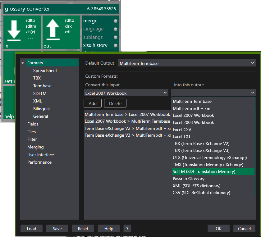 Can't find the "sdltm" option in settings of glossary converter 2