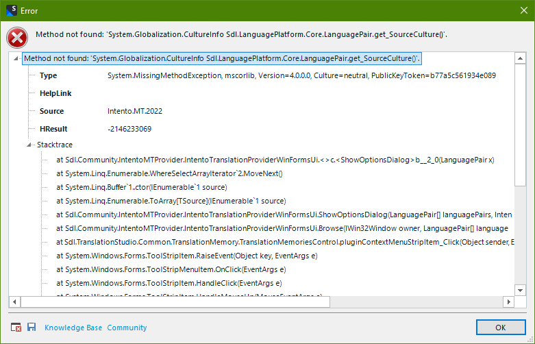Screenshot showing an errormessage coming from Intento plugin because it has not been updated.