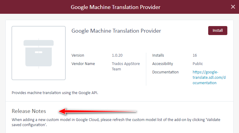 Screenshot of Google Machine Translation Provider pop-up with an 'Install' button, showing version 1.0.20, 16 installs, and a note under Release Notes pointing to refresh custom model list in Google Cloud.