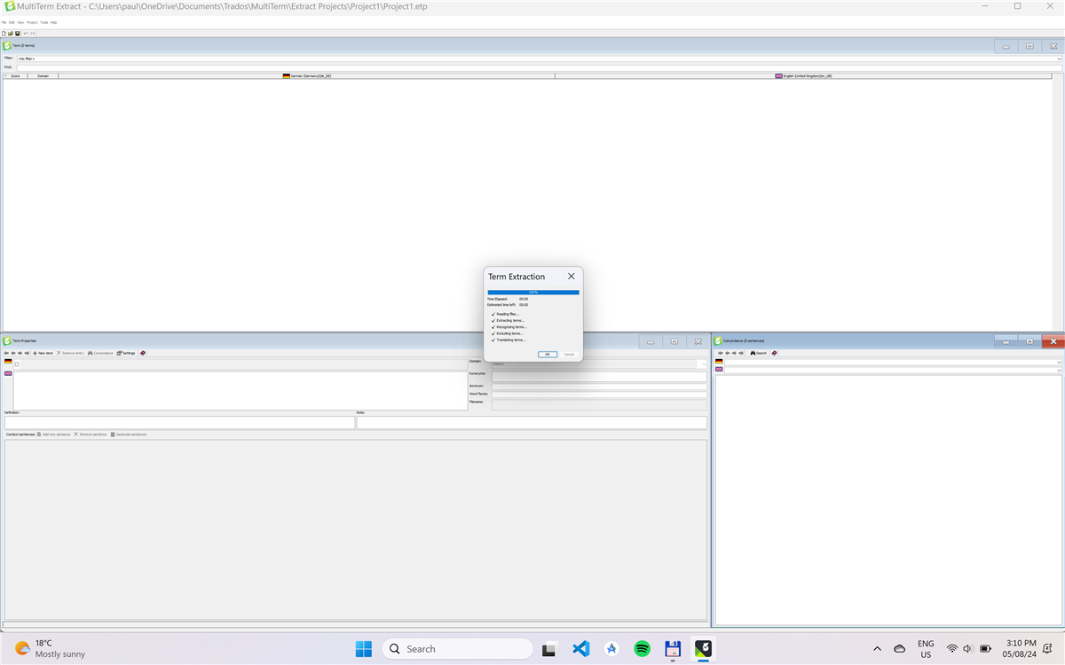 Screenshot of MultiTerm Extract software with a Term Extraction progress window showing steps: Reading Texts, Extracting Terms, and Verifying Terms.