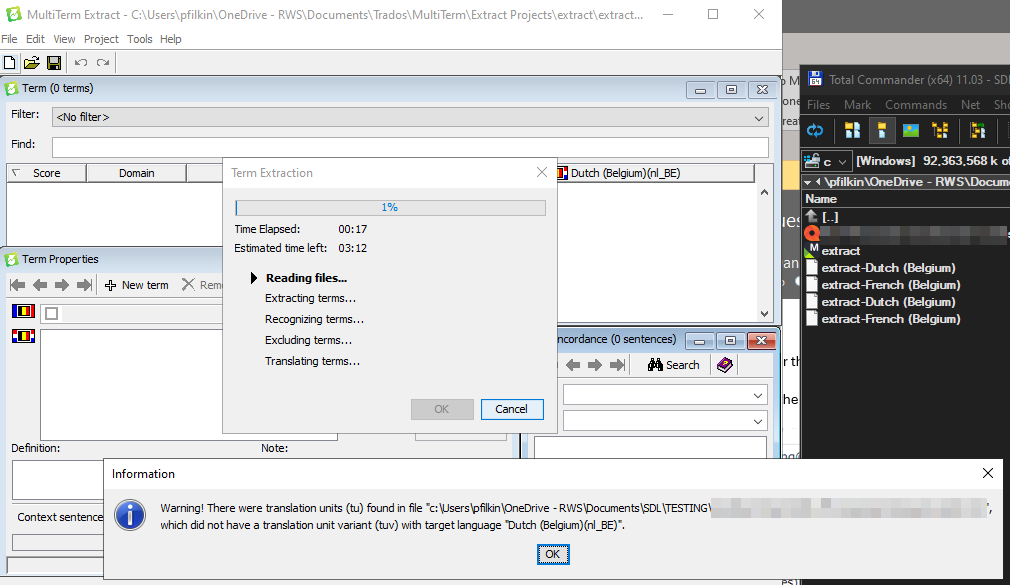 Screenshot of MultiTerm Extract software with a progress bar at 1% and a warning message stating 'There were translation units (tu) found in file file path which did not have a translation unit variant (tuv) with target language 'Dutch (Belgium)(nl_BE)'.