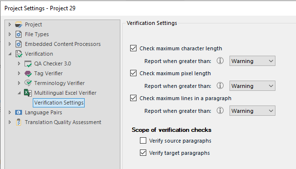 Verification settings dialog with options to check maximum character length, pixel length, and lines in a paragraph, all set to show warnings.