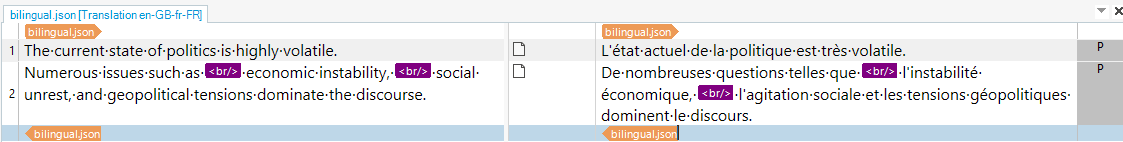 Screenshot of a bilingual JSON file opened in Trados Studio with English and French text side by side. HTML 'br' tags are visible in the segments, indicating line breaks.