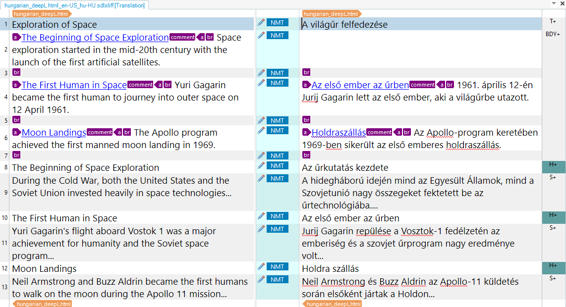 Screenshot of a translation software interface showing side-by-side comparison of English to Hungarian translation with highlighted segments and comments.
