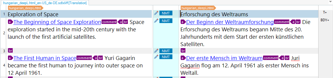 Screenshot of a translation software interface showing side-by-side comparison of English to German translation with highlighted segments and comments.