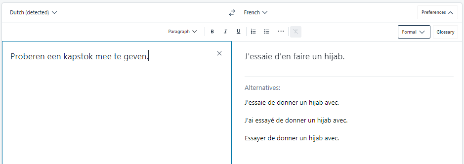 Screenshot of a translation tool interface showing Dutch to French translation. The Dutch phrase 'Proberen een kapstok mee te geven,' is translated to French as 'J'essaie d'en faire un hijab.' with alternative translations listed below.