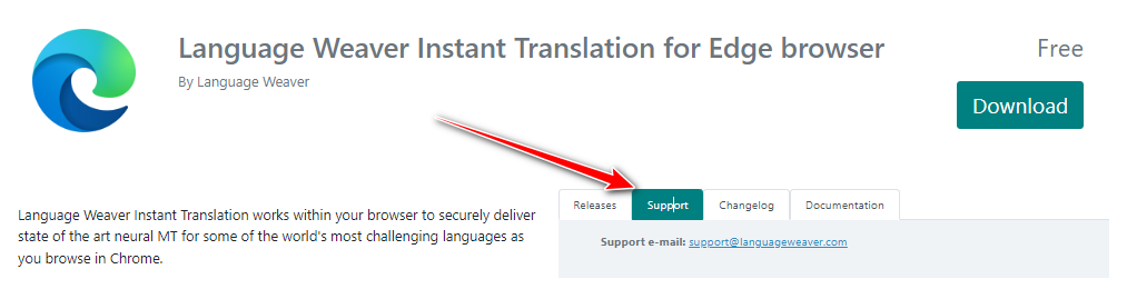 Screenshot of the Language Weaver Instant Translation for Edge browser page on RWS AppStore, highlighting the support email address with a red arrow.