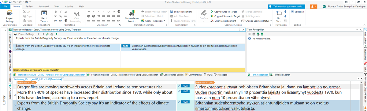 Screenshot of Trados Studio with DeepL Translator plugin showing English text with Finnish NMT suggestions.