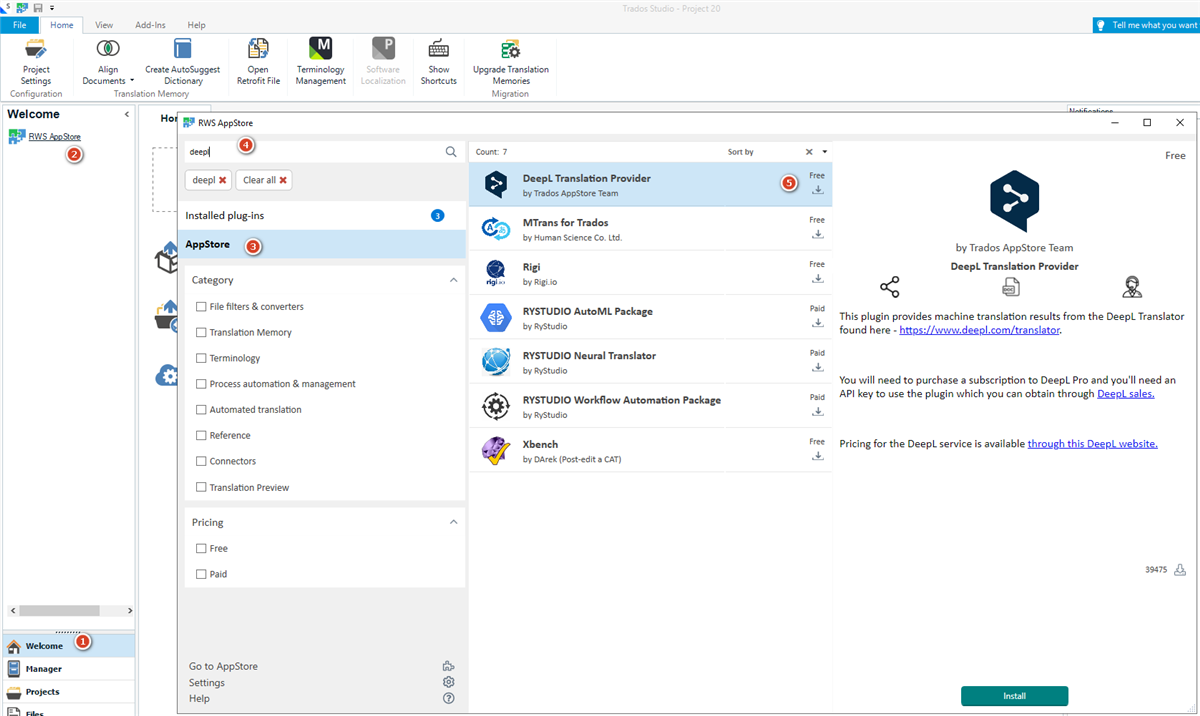 Screenshot of Trados Studio interface showing the RWS AppStore welcome view with a search bar containing the keyword 'deepl'. Below are listed installed plug-ins including 'DeepL Translation Provider' highlighted as a free app by Trados AppStore Team.