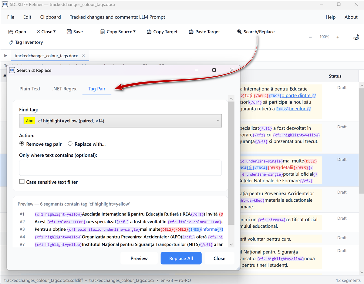 A screenshot of the SDLXLIFF Refiner application showing the 'Search & Replace' window with the 'Tag Pair' tab selected. A red arrow points to the tab. The preview section displays highlighted text.