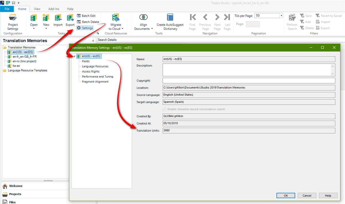 Screenshot showing the nuber of TUs in an SDLTM in the Translation Memory Settings window.