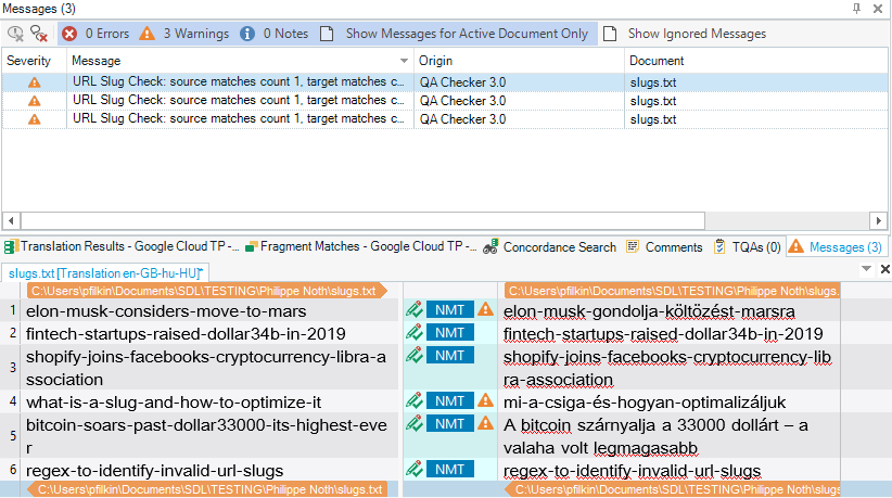 Trados Studio Messages window displaying 3 warnings from QA Checker 3.0 for URL Slug Check with source matches count and target matches count.