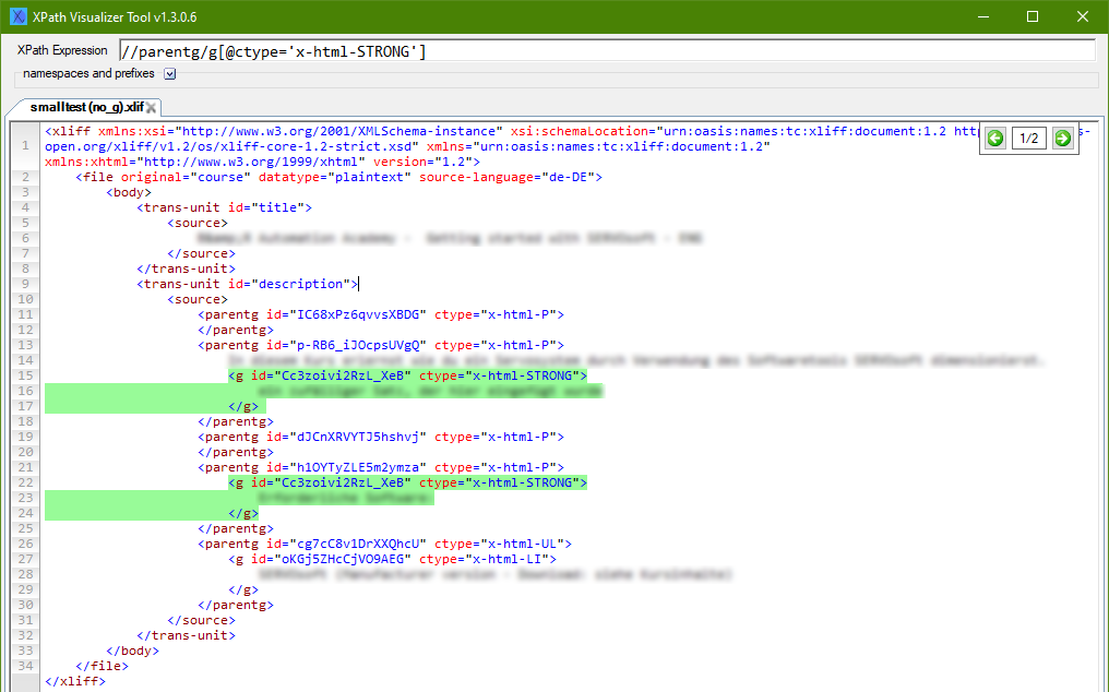 Screenshot of XPath Visualizer (a software application useful for testing xpath expressions) and showing the xpath successfully picking up two elements.
